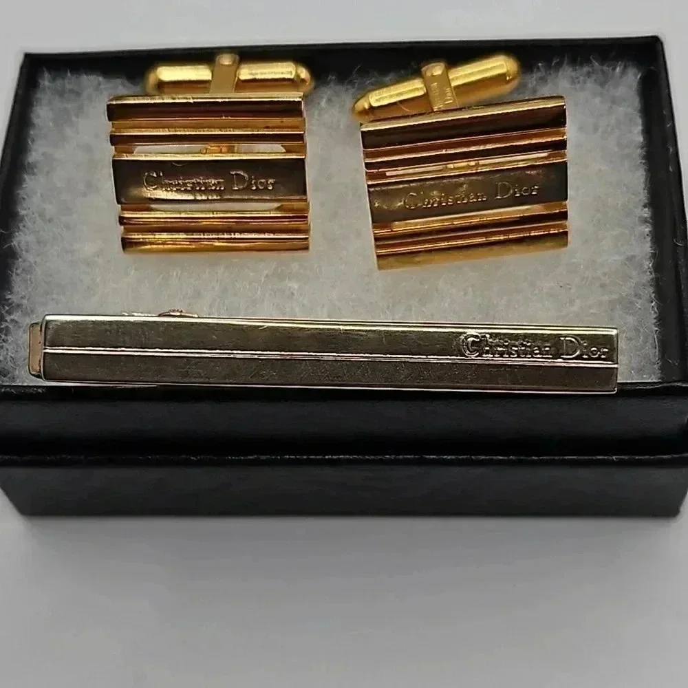 Christian Dior Bullet Back Gold and Silver Tone Cufflinks and Tie Bar